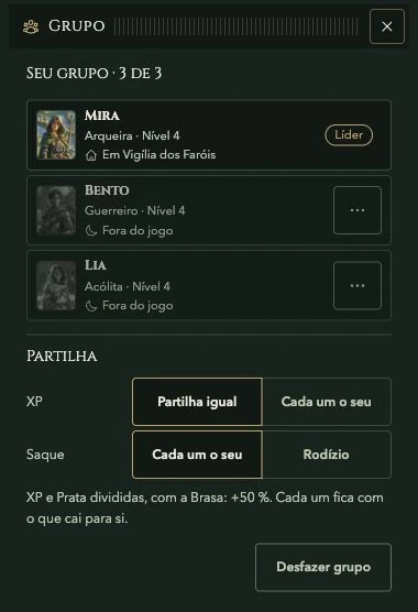 A janela de grupo no jogo. Exemplo numa conta de teste.